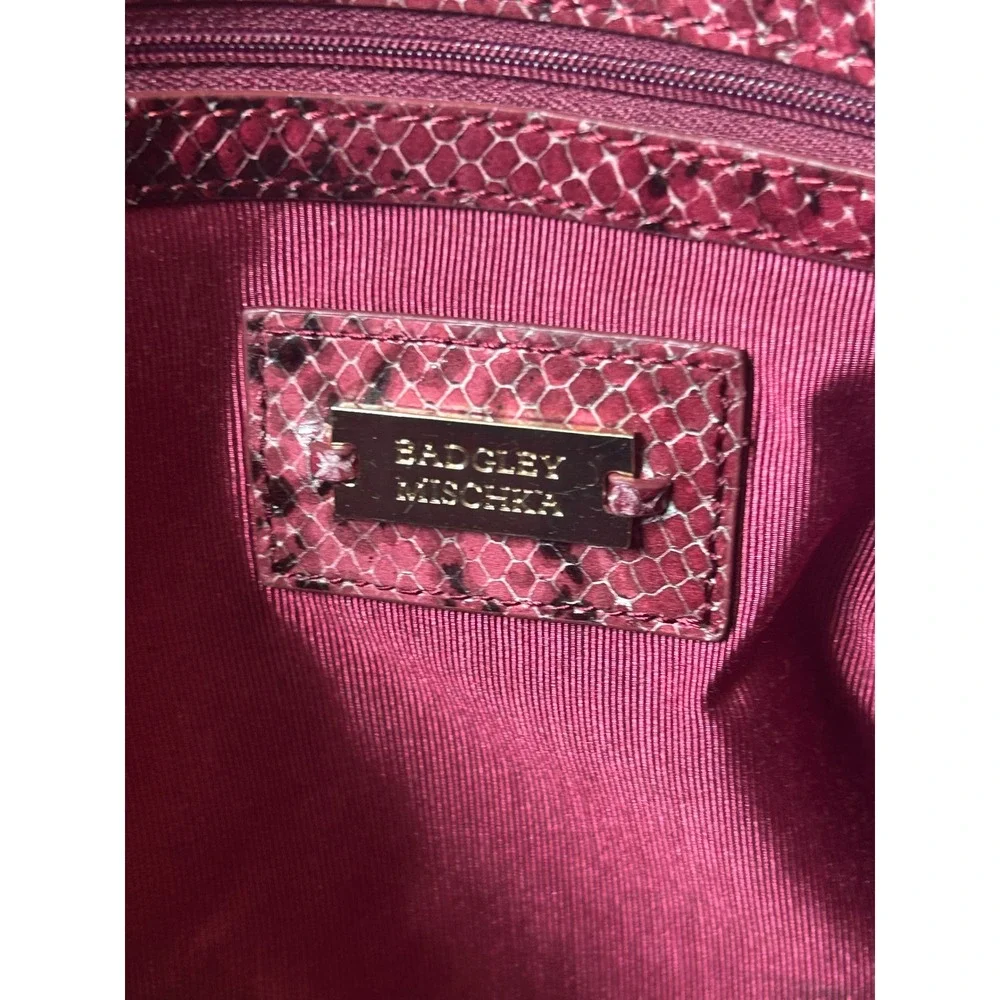 Badgley Mischka Burgundy Wool Tote Bag Snakeskin Trim Zip Pocket‎ Satchel